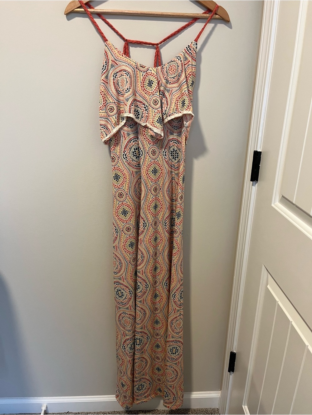 Xhilaration Coral and Cream Printed Maxi Dress with Braided Straps